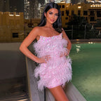 Summer  Women's Tube Top Color Sequined Feather Stitching Short Dress Party Dress aclosy