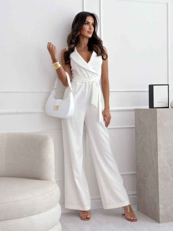 V-neck Sleeveless Jumpsuit With Belt Design Summer Fashion Trousers Women's Clothing aclosy