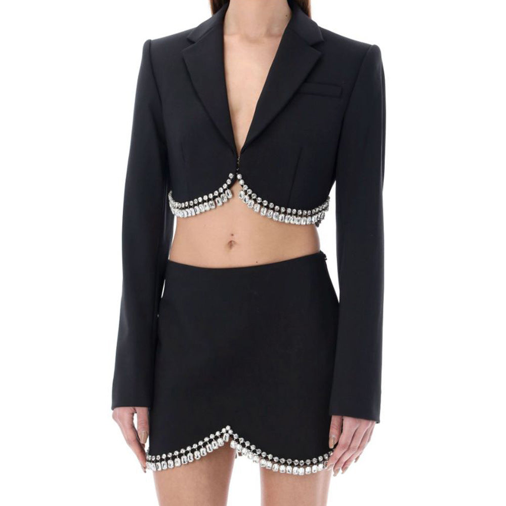Fashion Long Sleeve Tassel Top Short Skirt Two-piece Set aclosy