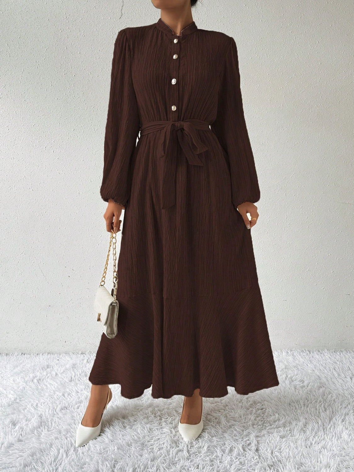 Half Button Tie Waist Long Sleeve Maxi Dress Trendsi