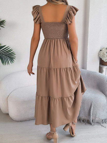 Smocked Square Neck Cap Sleeve Midi Dress Trendsi