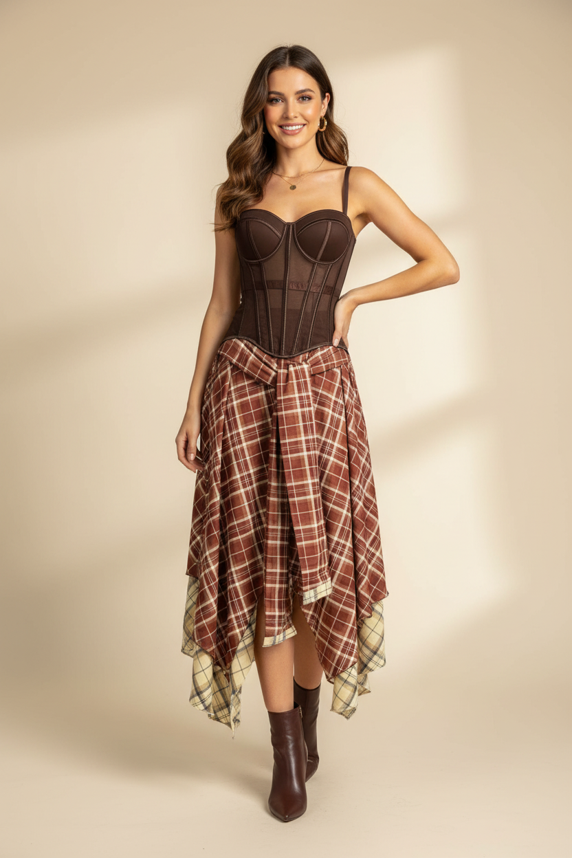 Brown Corset & Plaid Skirt Set – Grunge Concert Outfit