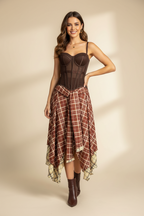 Brown Corset & Plaid Skirt Set – Grunge Concert Outfit