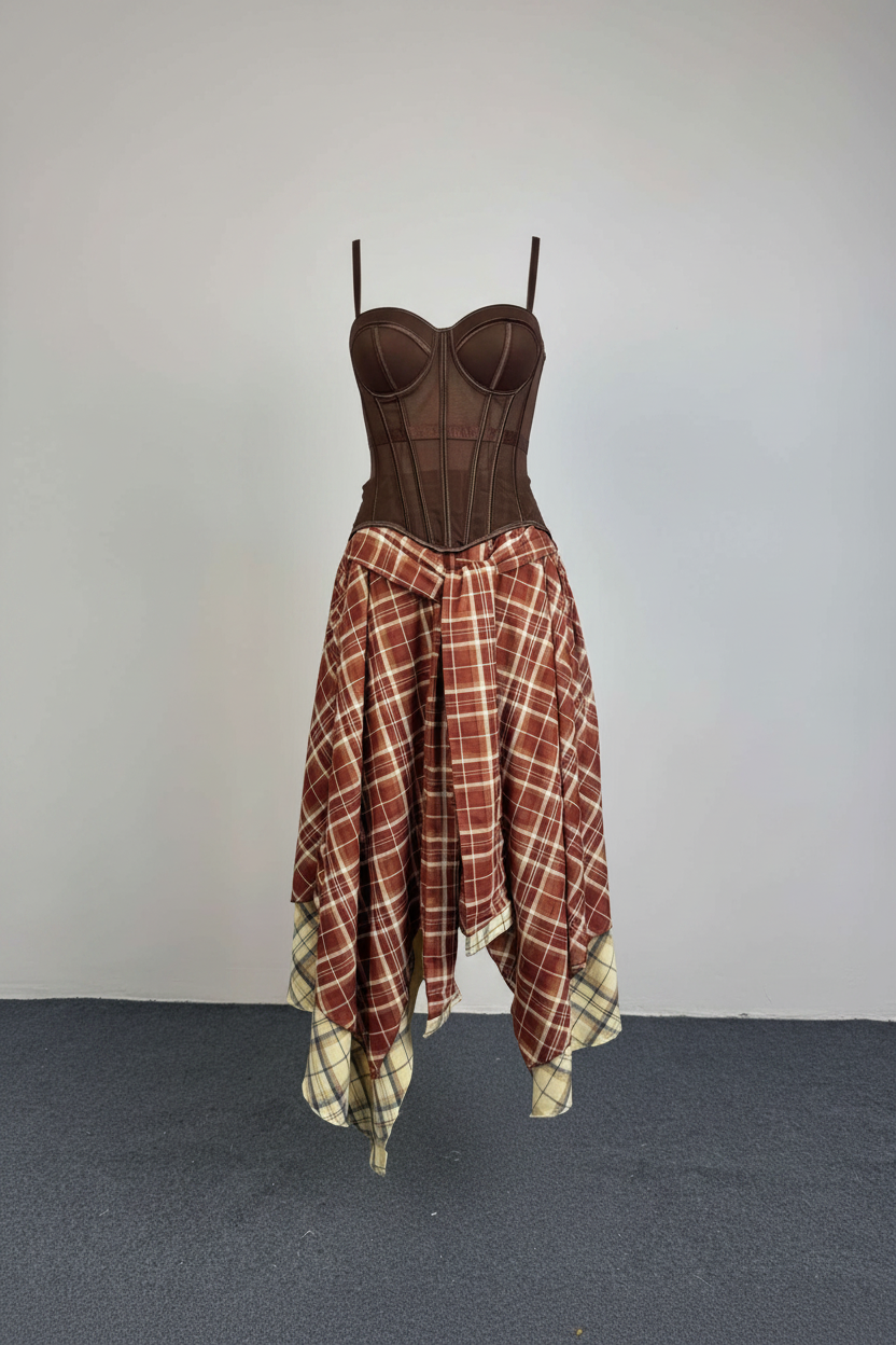 Brown Corset & Plaid Skirt Set – Grunge Concert Outfit