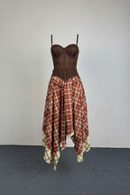 Brown Corset & Plaid Skirt Set – Grunge Concert Outfit