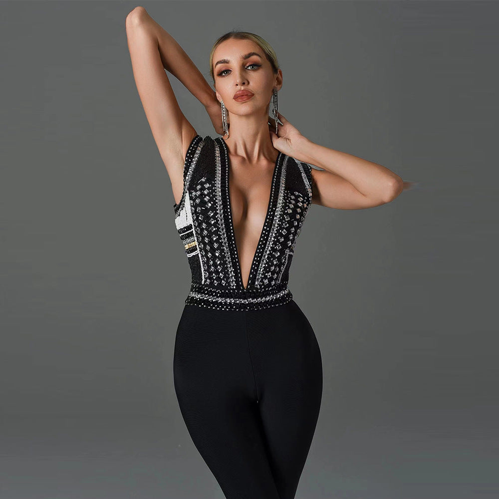 Beaded Slim-fit Slimming Sleeveless Bandage Jumpsuit For Women Aclosy