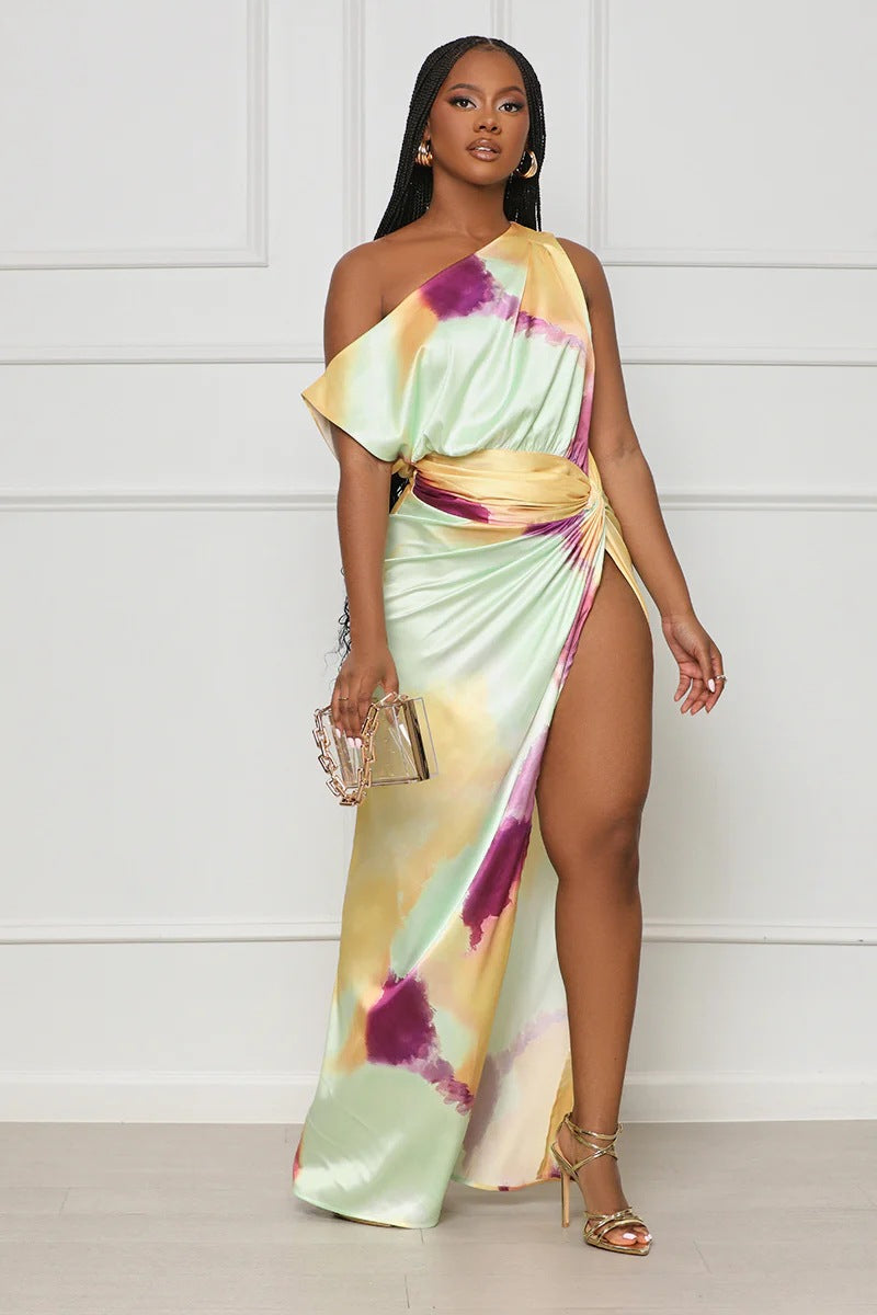 Women's Sleeveless Vibrant Color Gradient Slit Dress Aclosy