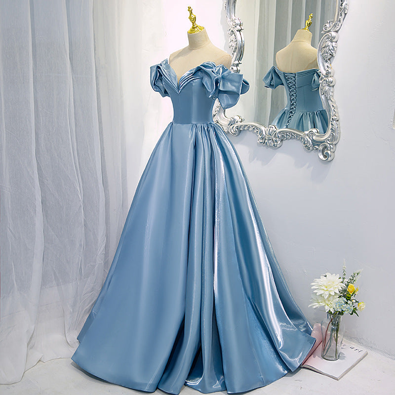 Women's Blue Satin Long French One-shoulder Costume Aclosy