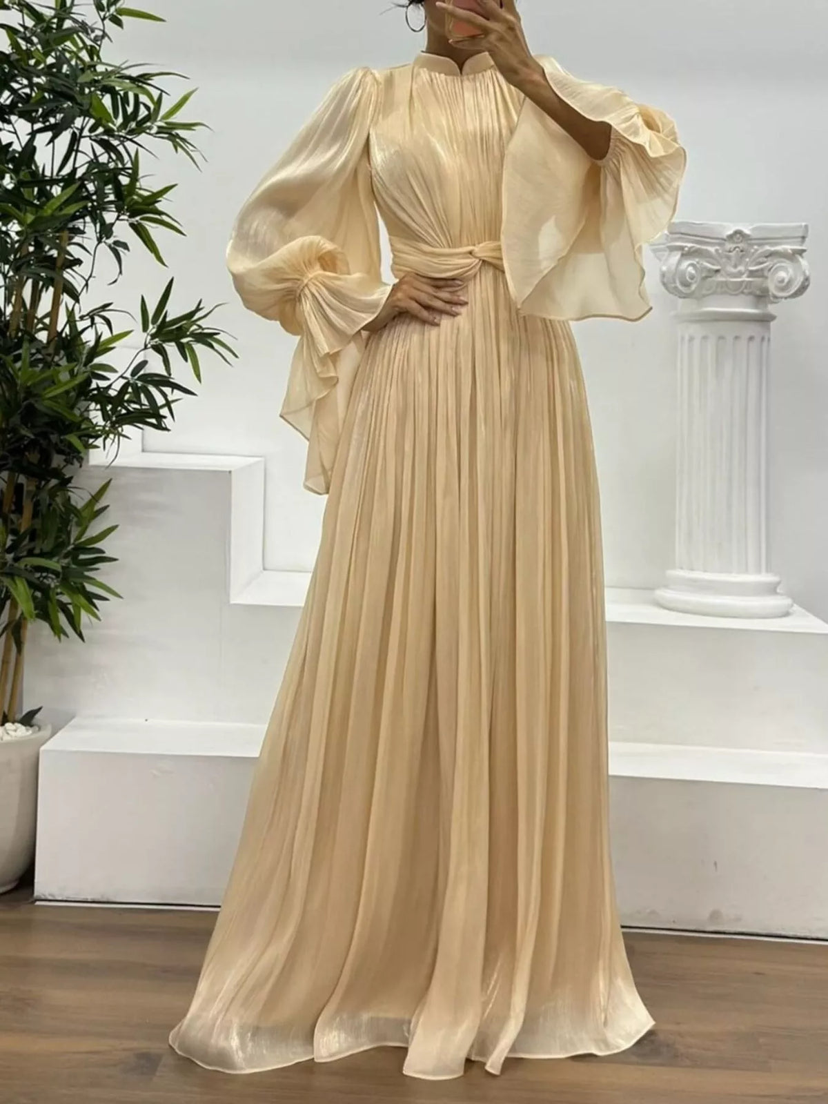 Pleated Mock Neck Long Sleeve Maxi Dress