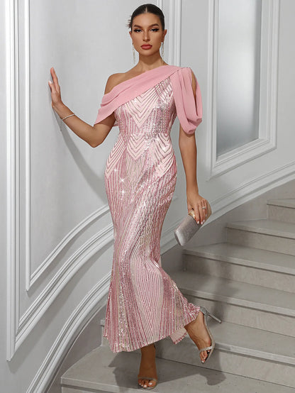 Elegant One-shoulder Sequin Party Maxi Dress