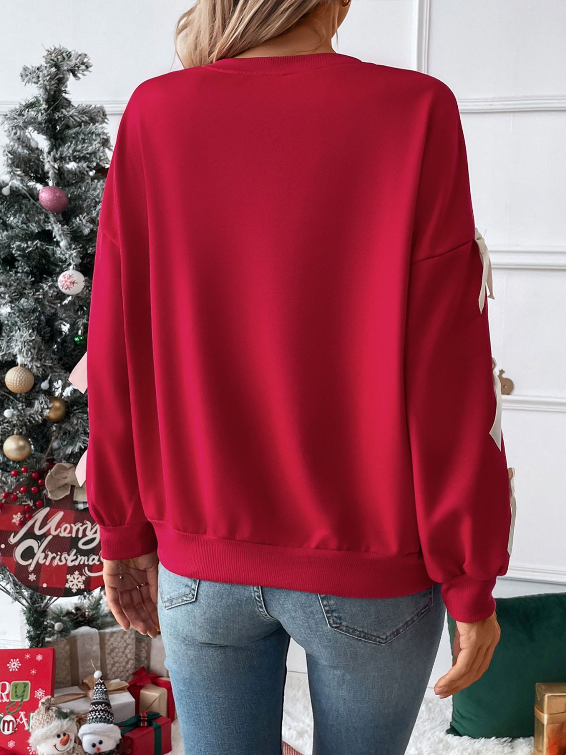 Perfee Bow Round Neck Long Sleeve Sweatshirt Trendsi