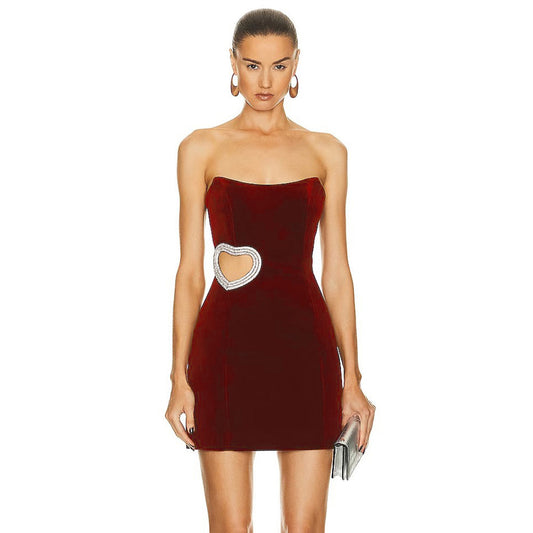 Women's Wine Red Hollowed Heart Shape Diamond Tube Top Dress Aclosy