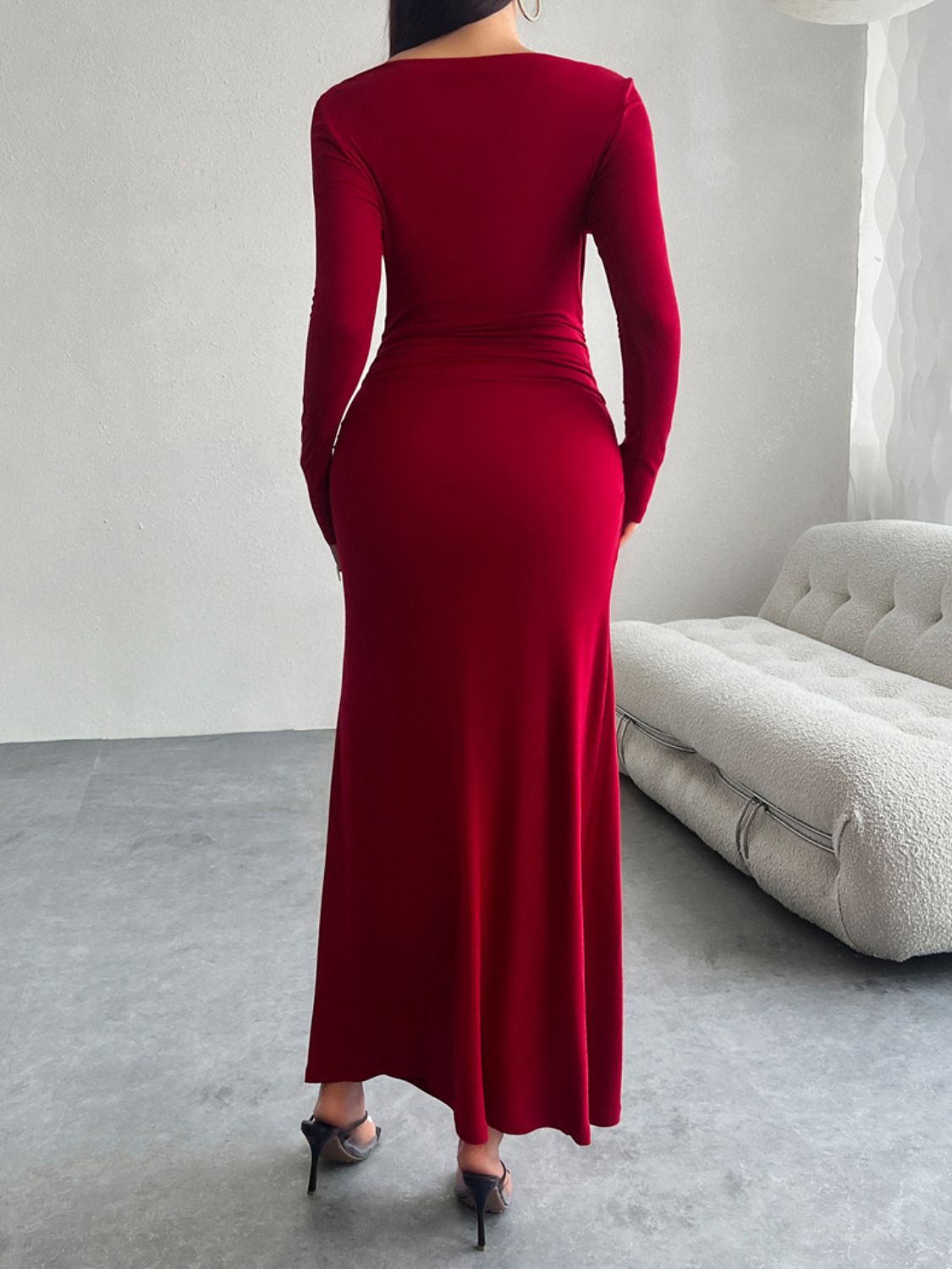 Devine Ruched Long Sleeve Maxi Dress Trendsi