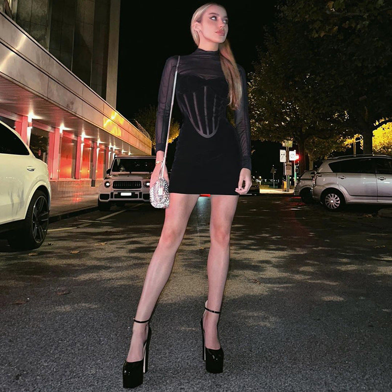 Sexy Turtleneck Flocking Mesh High Waist Tight-fitting Solid Color Sheath Dress aclosy