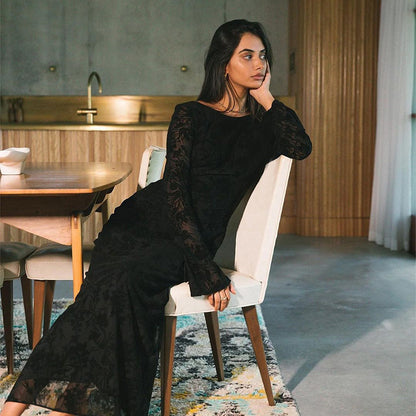 Deisy Slim Flocking Backless Black Maxi Dress