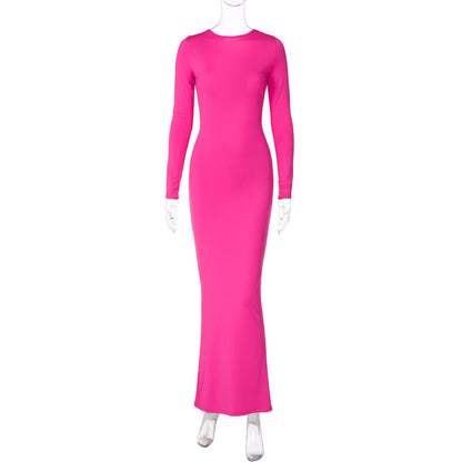 New Fashion V-neck Slim Fit Pleated Solid Color Long Sleeve Dress aclosy