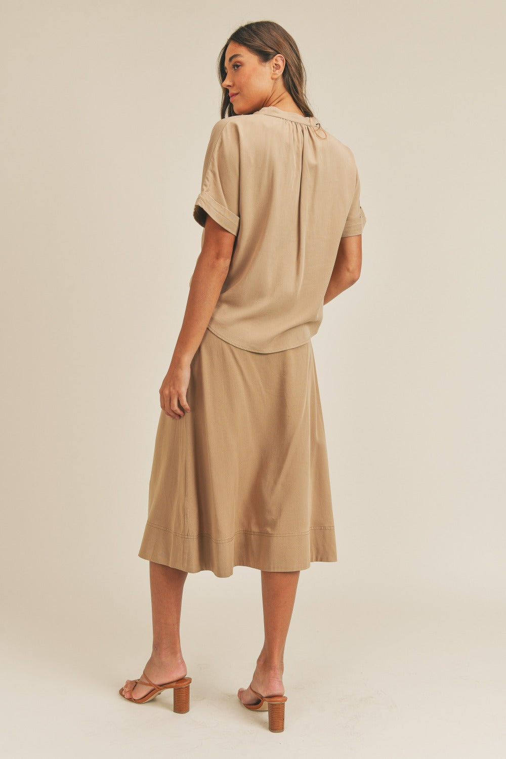 MABLE Short Sleeve Top and Button Down Midi Skirt Set Trendsi