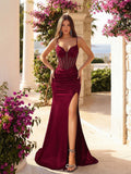 Valeria burgundy satin corset gown with high slit, front