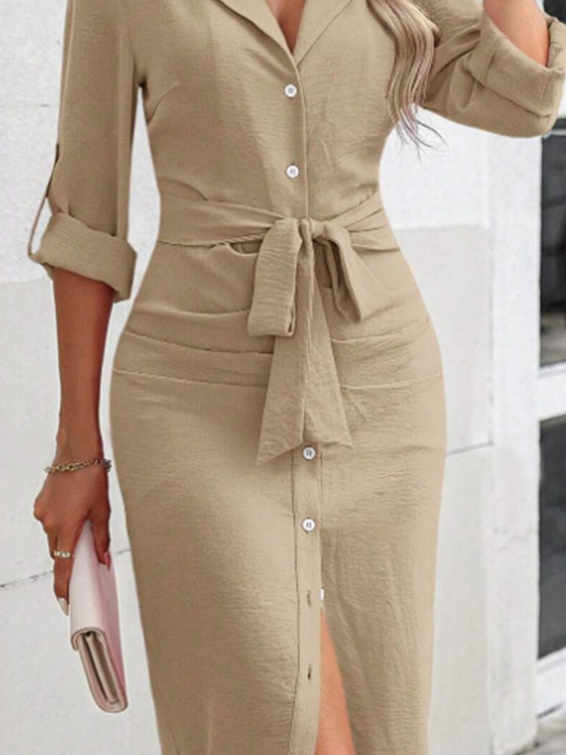 Tied Button Up Collared Neck Roll-Tab Sleeve Dress Trendsi