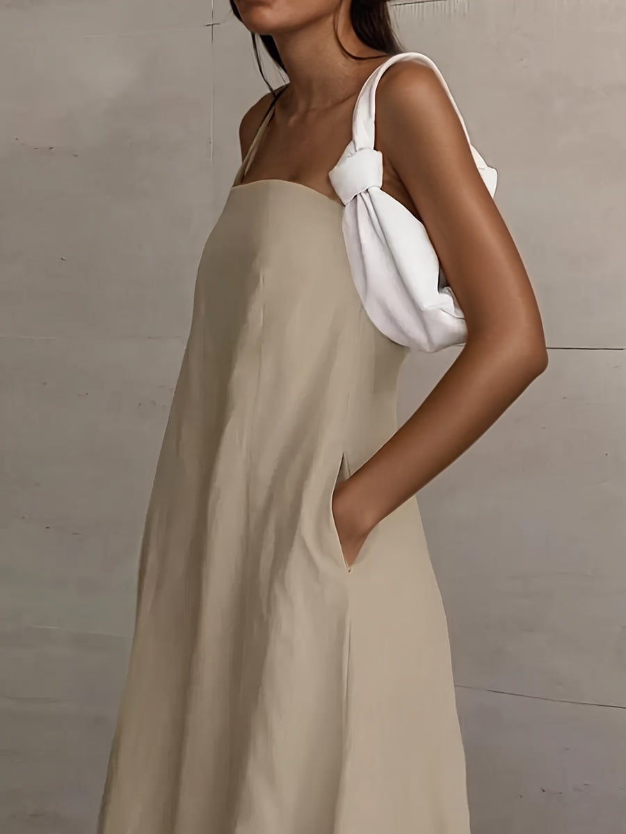 Linen High-Waisted Backless Patchwork Pocket Dress
