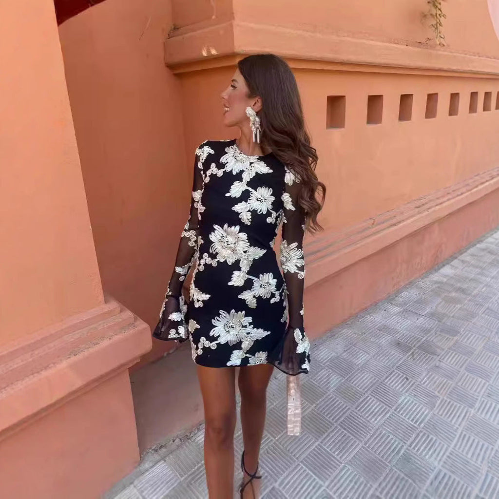 Flowers Bell-sleeved Dress Fashion Sexy Slim Long-sleeved Mesh Dresses For Party Club Women Clothing #aclosyESL