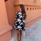 Flowers Bell-sleeved Dress Fashion Sexy Slim Long-sleeved Mesh Dresses For Party Club Women Clothing #aclosyESL