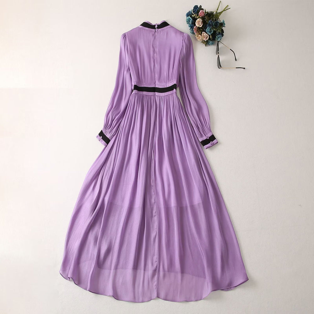 Long Sleeve Purple Waistband Dress Aclosy