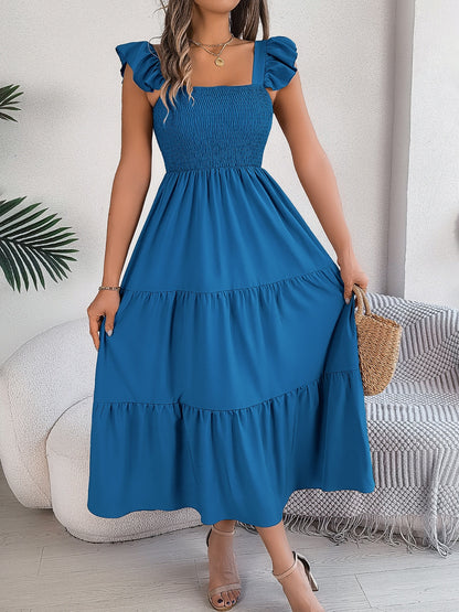 Smocked Square Neck Cap Sleeve Midi Dress Trendsi