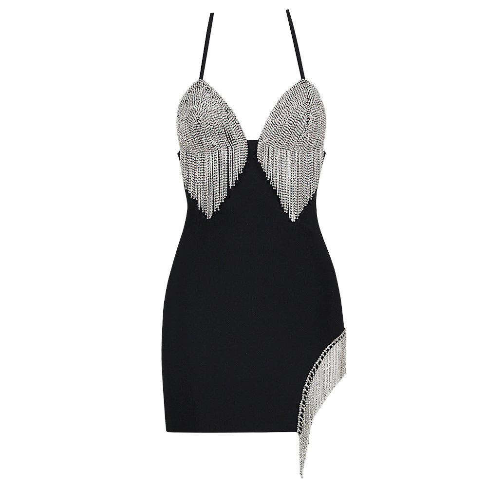 Halter Fashion Slim Fit Tassel Diamond Sheath Dress Aclosy