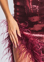 Feather Wine Red Sequined Halter Dress Aclosy