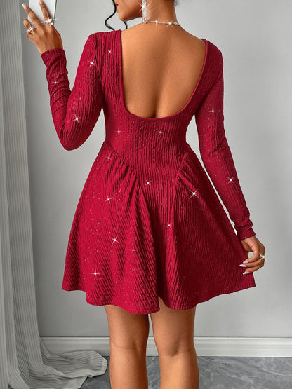 Backless Glitter Square Neck Long Sleeve Mini Dress Trendsi