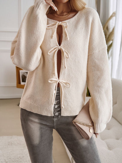 Devine Tied Round Neck Dropped Shoulder Cardigan Trendsi