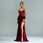 Spaghetti Straps Sequin Slit Maxi Dress