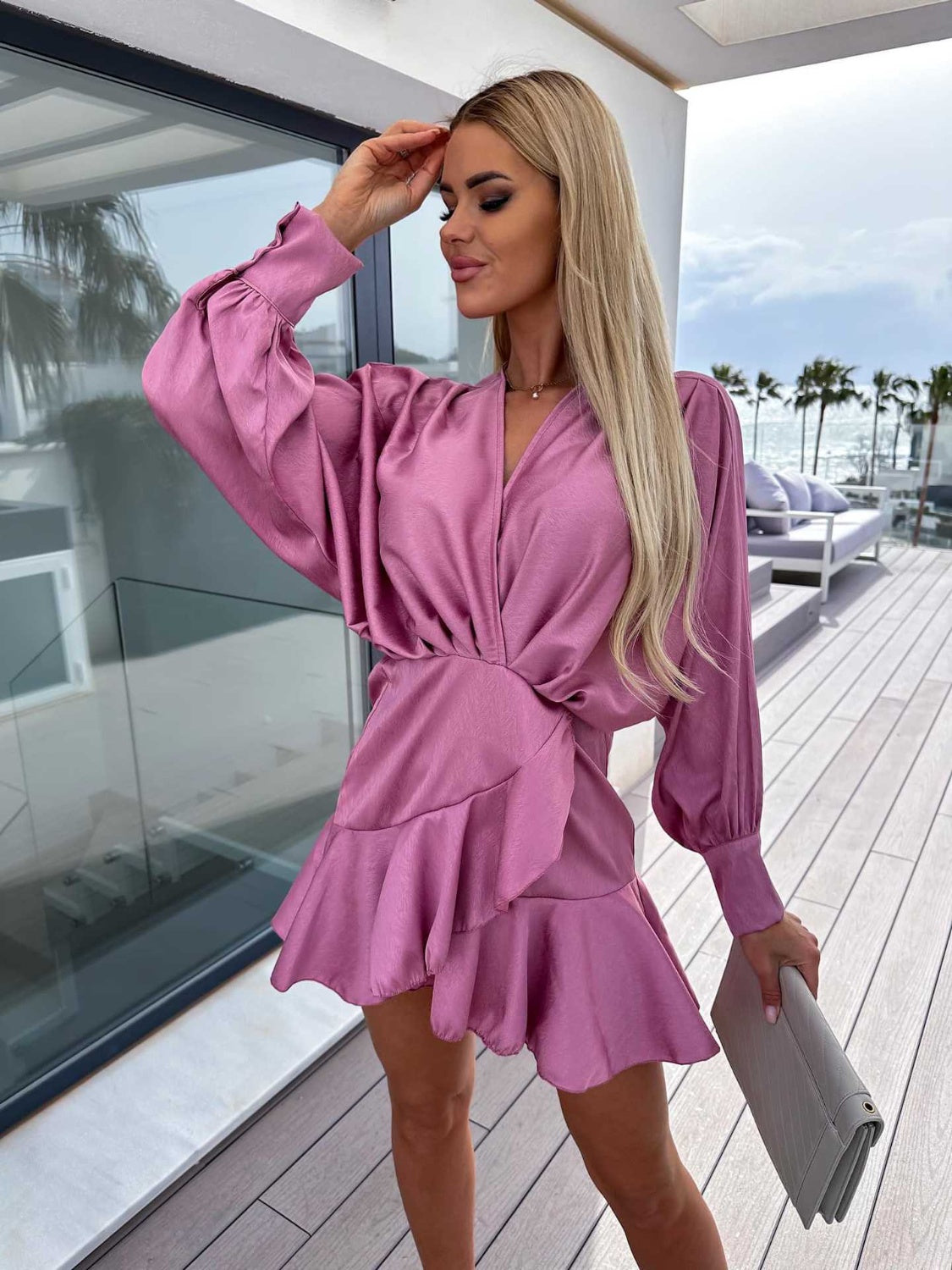 Surplice Ruffle Hem Lantern Sleeve Mini Dress Trendsi