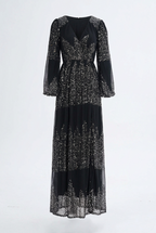 Rust Long-Sleeve Sequin Wrap Maxi Dress