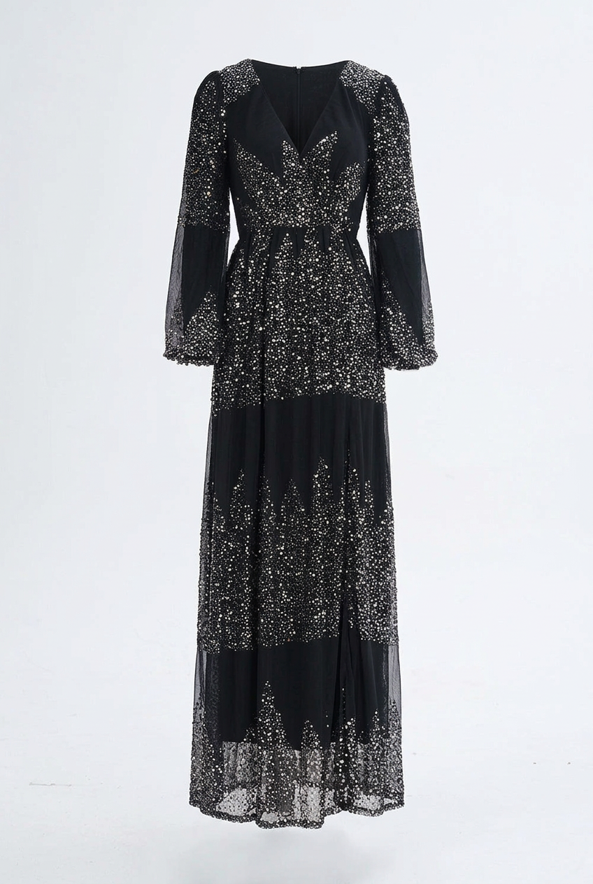 Rust Long-Sleeve Sequin Wrap Maxi Dress