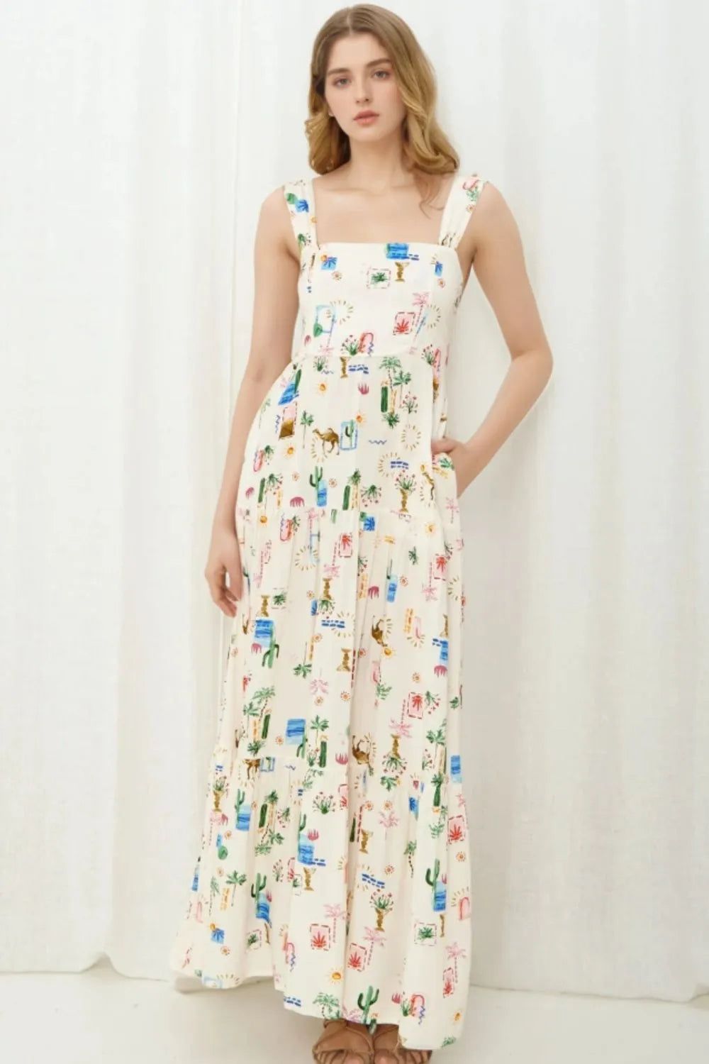Printed Square Neck Wide Strap Maxi Dress