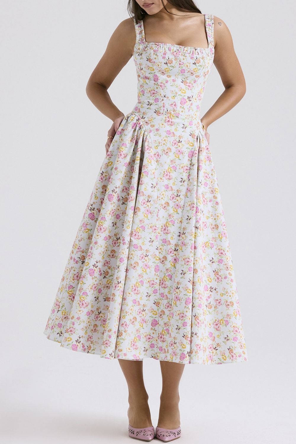 Floral Square Neck Wide Strap Midi Dress
