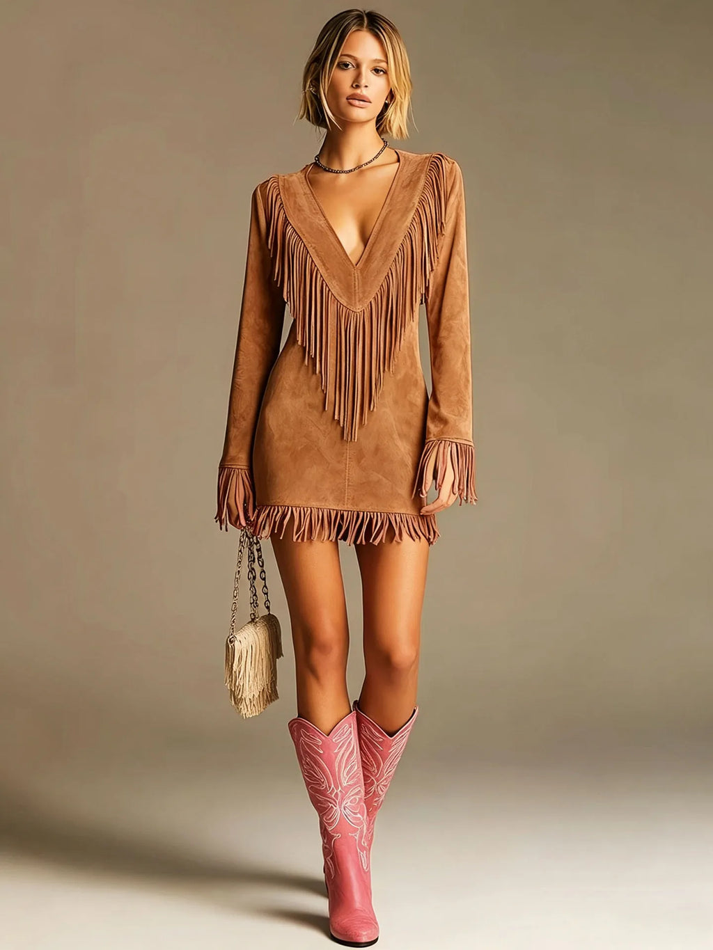 Dakota Fringe Suede V-Neck Long Sleeve Mini Dress