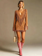 Dakota Fringe Suede V-Neck Long Sleeve Mini Dress