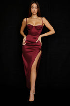 Women's Satin High Slit Pleated Slip Dress aclosy
