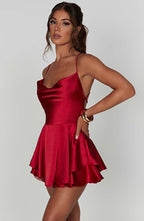Halter Satin Backless Straps A Swing Dress Summer Sexy Temperament Elegant Celebrity Style Short Dress Aclosy