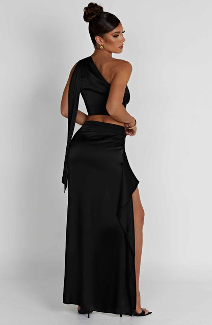 One-shoulder Satin Short Top High Waist Split Maxi Dress E aclosy