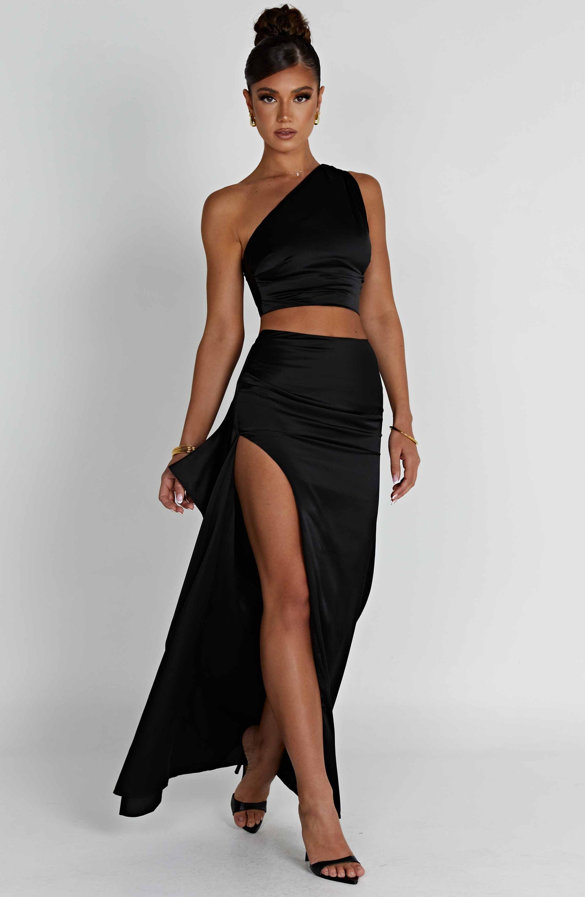 One-shoulder Satin Short Top High Waist Split Maxi Dress E aclosy