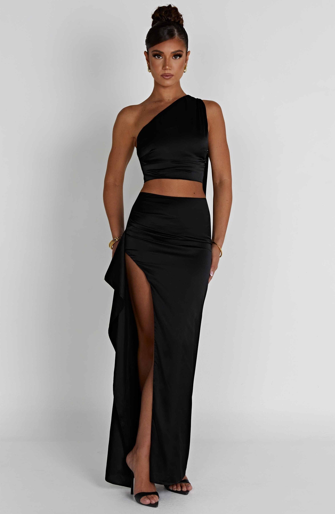 One-shoulder Satin Short Top High Waist Split Maxi Dress E aclosy