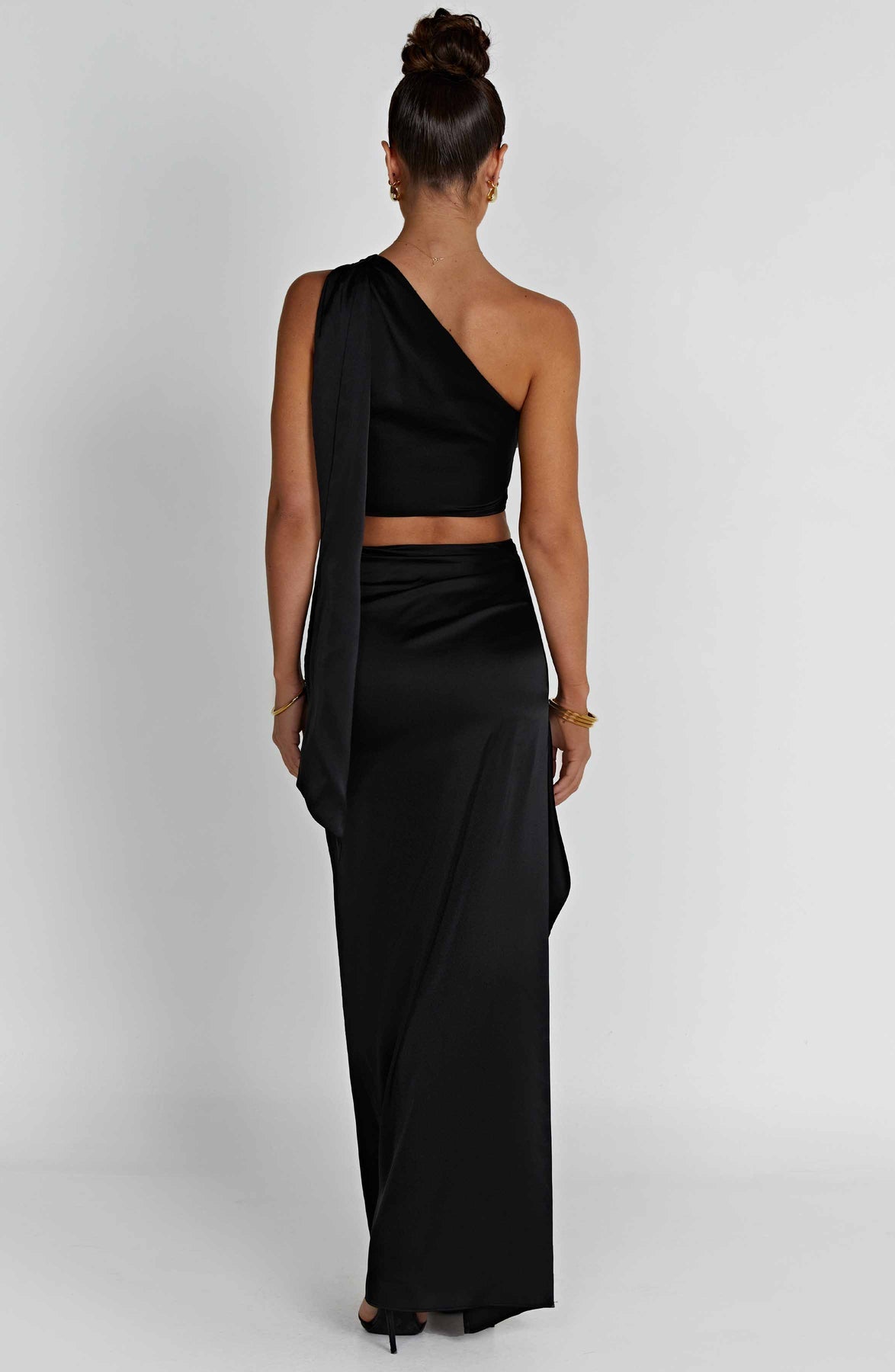 One-shoulder Satin Short Top High Waist Split Maxi Dress E aclosy