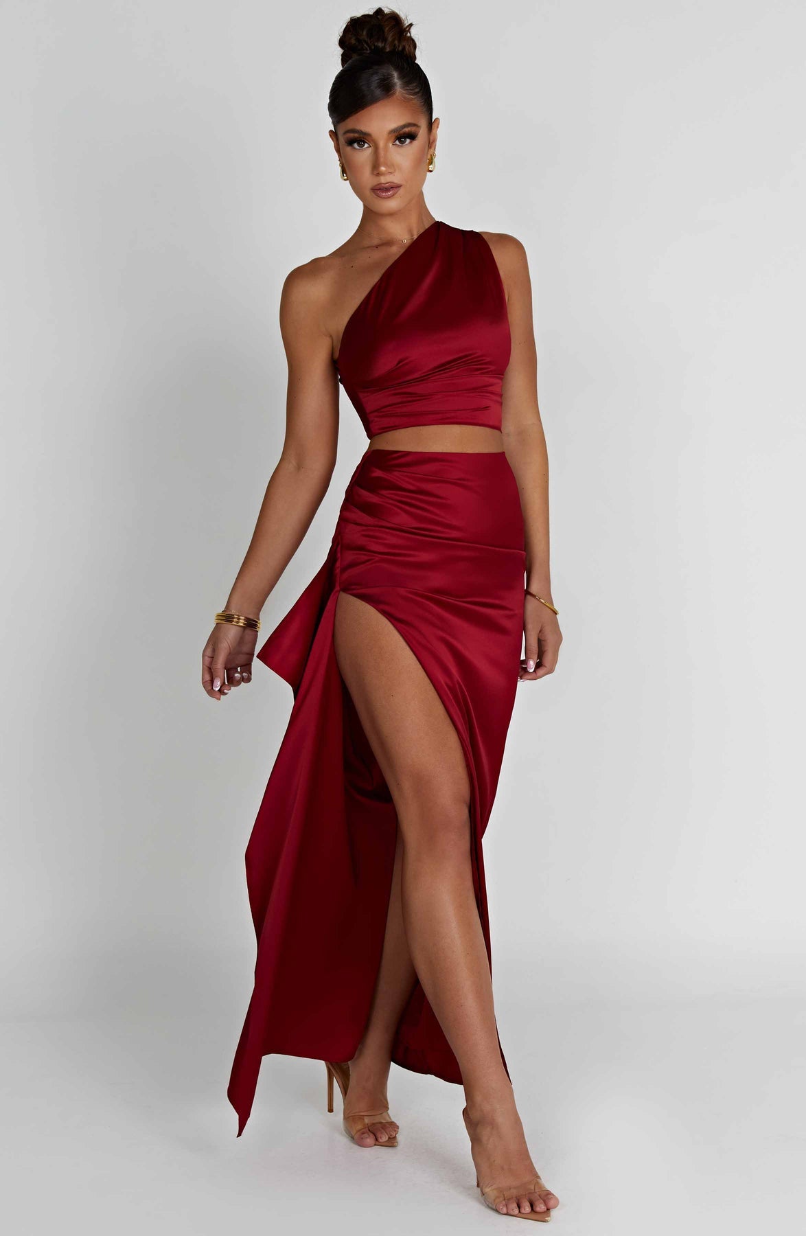 One-shoulder Satin Short Top High Waist Split Maxi Dress E aclosy