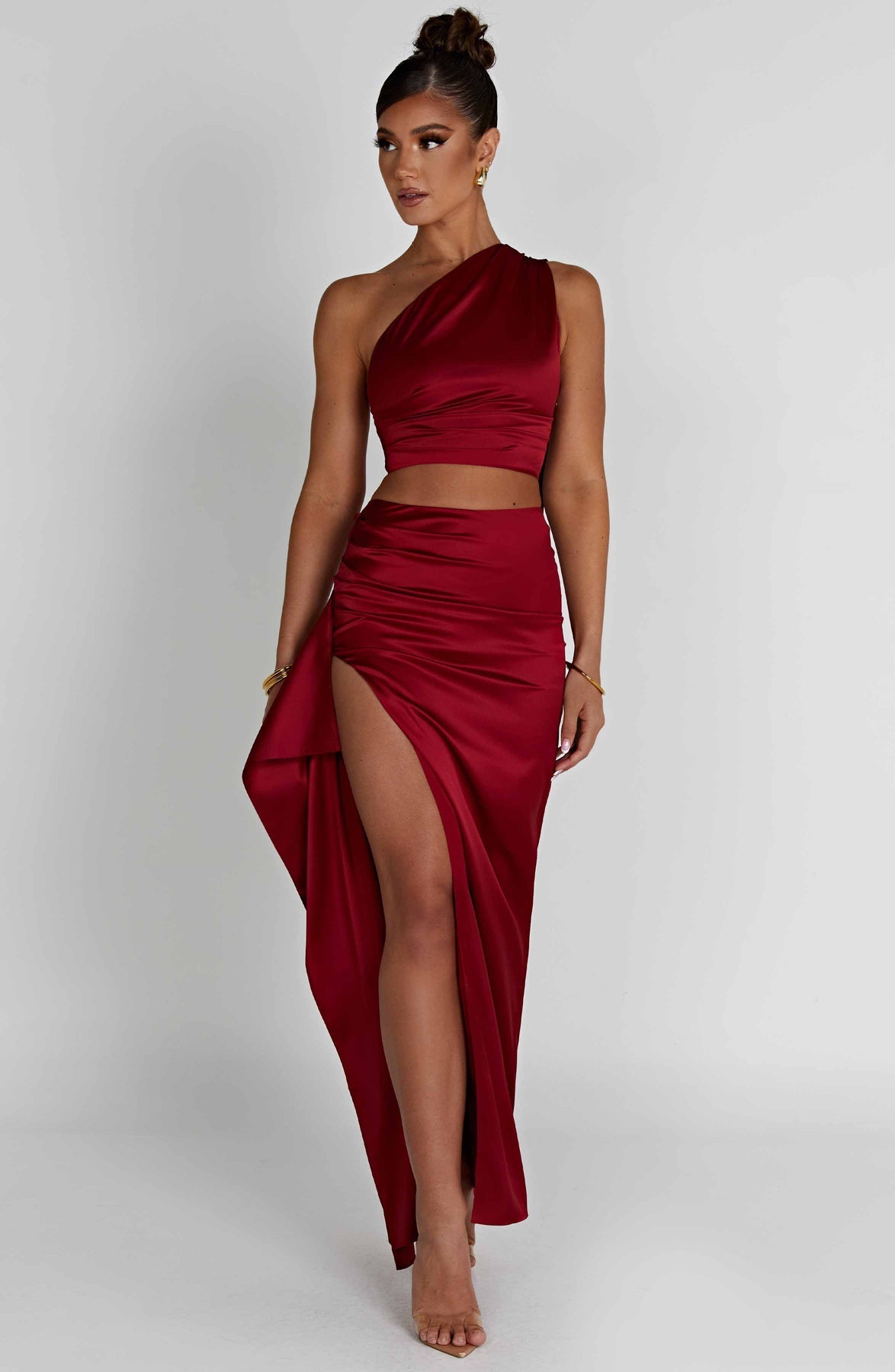 One-shoulder Satin Short Top High Waist Split Maxi Dress E aclosy