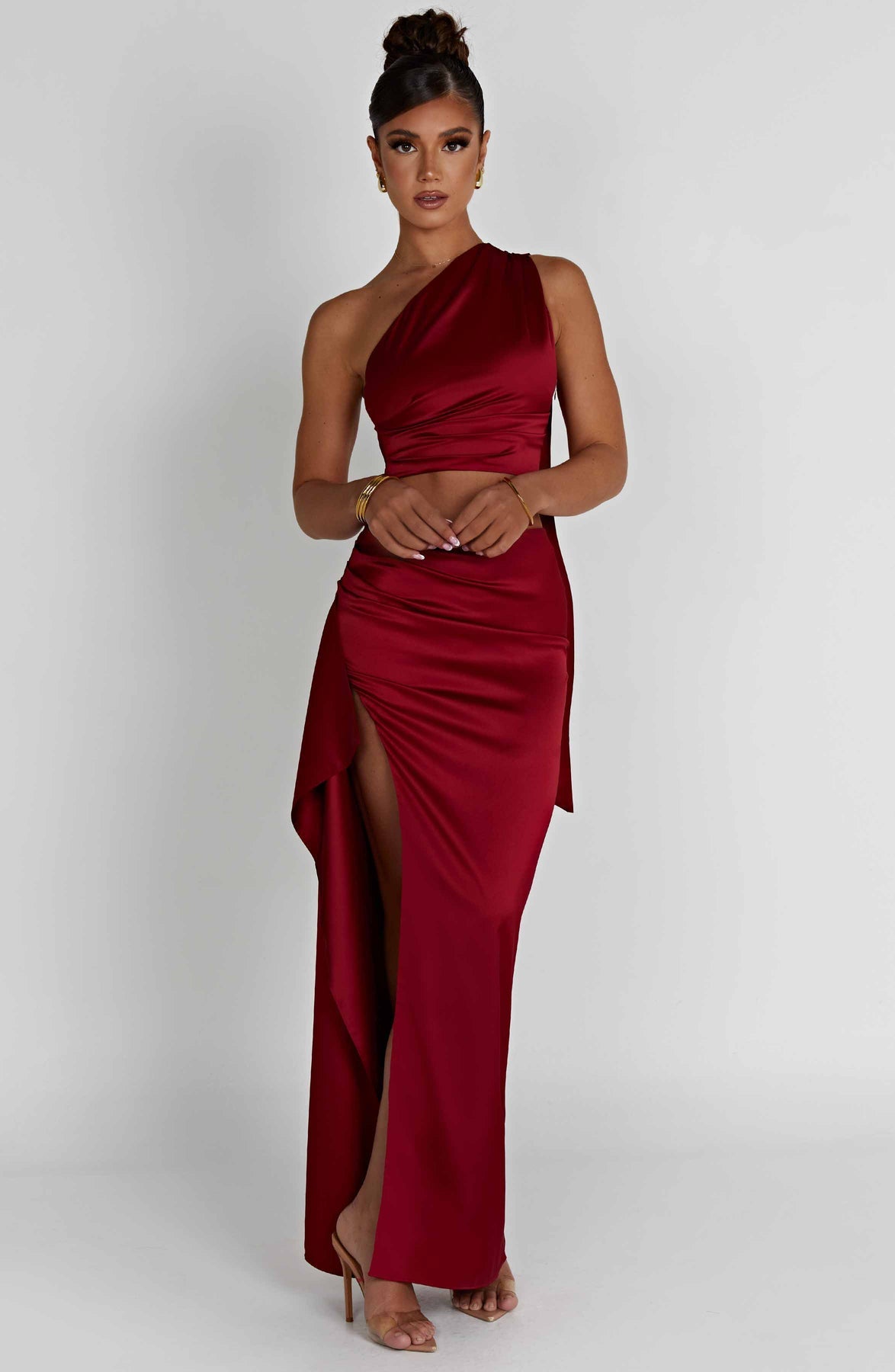 One-shoulder Satin Short Top High Waist Split Maxi Dress E aclosy