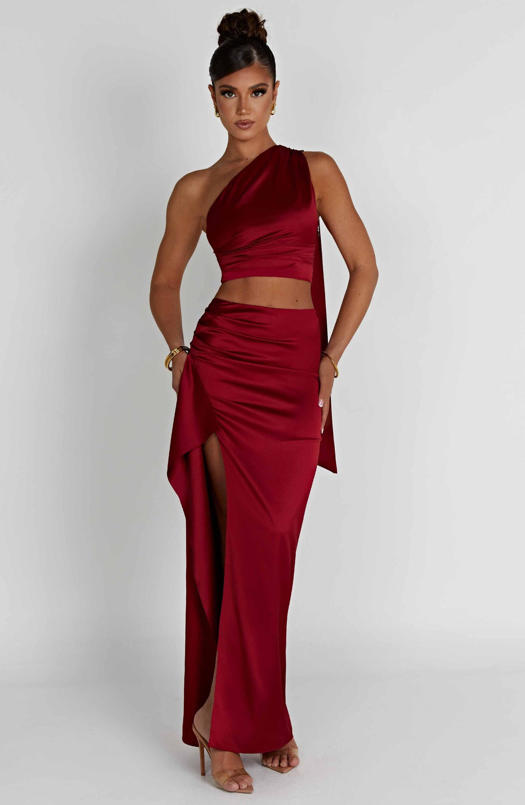 One-shoulder Satin Short Top High Waist Split Maxi Dress E aclosy